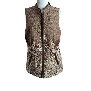 Chico’s Size 1, Medium Brown & White Paisley Quilted Zip Up Vest W/ Pockets